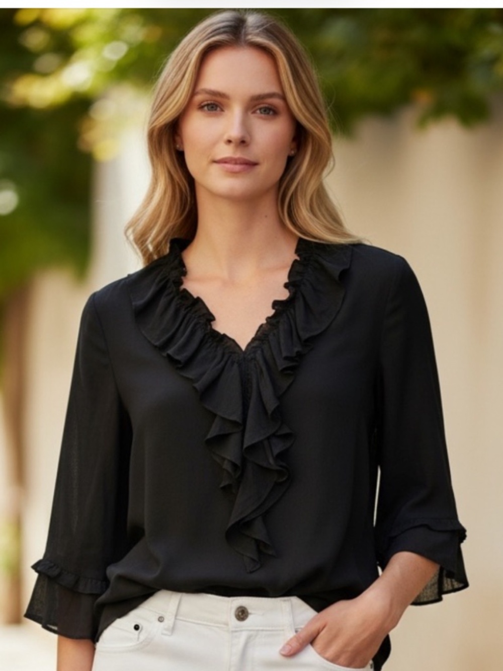 Jones New York • Black Cotton Blend Blouse • Bell Sleeves • Sheer Ruffle Trim.M